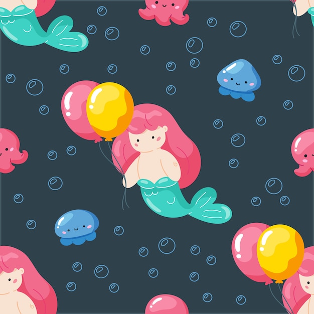 Textura con el personaje de dibujos animados sirena y globos.