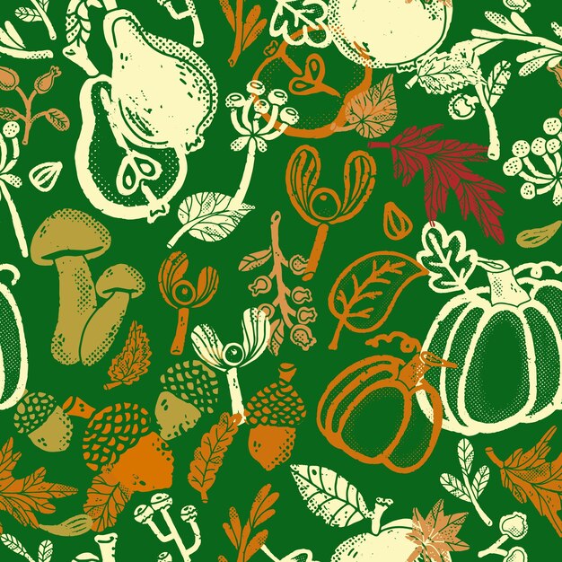Textura plantas hierbas ramas con hojas patrón orgánico de la planta estilo de dibujos animados elementos dibujados a mano patrón de superposición sin costuras vectorial
