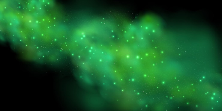 Vector textura realista de humo místico en el fondo con niebla verde girando y brillando con partículas brillantes como polvo mágico de neón estrellado brillando por todo
