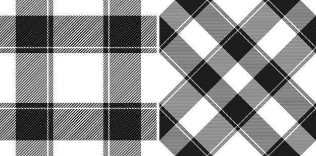 Textura de tartan de patrón de tela a cuadros con un fondo de textil vectorial sin costuras en colores monocromáticos de diseño de tiras rectas mixtas