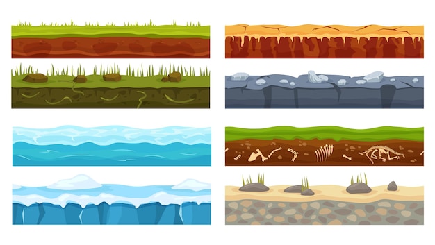 Textura de tierra sin fisuras de dibujos animados, elementos de diseño de primer plano del juego. Hierba, suelo, desierto, hielo, océano juegos paisaje paisaje conjunto de vectores. Estructuras a nivel de roca y tierra, concepto de geología
