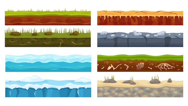 Textura de tierra sin fisuras de dibujos animados, elementos de diseño de primer plano del juego. hierba, suelo, desierto, hielo, océano juegos paisaje paisaje conjunto de vectores. estructuras a nivel de roca y tierra, concepto de geología