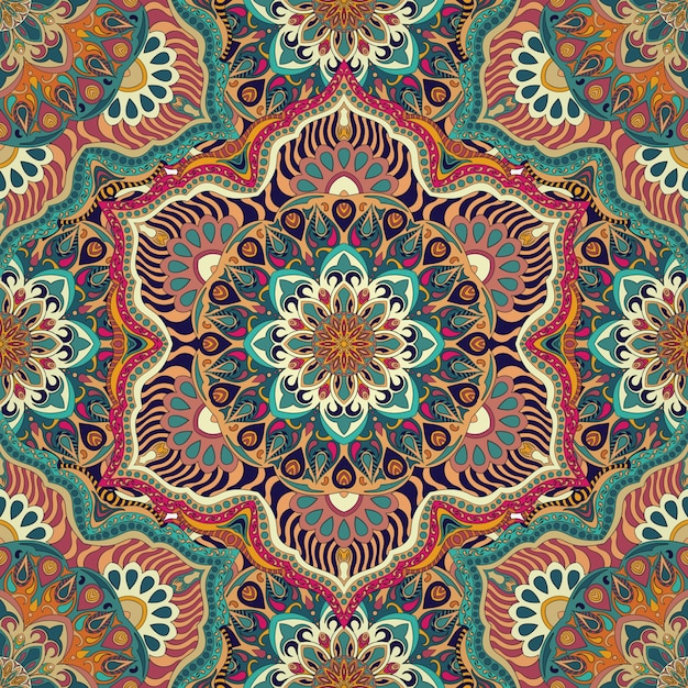 Textura transparente floral adornada, patrón interminable con elementos vintage mandala.
