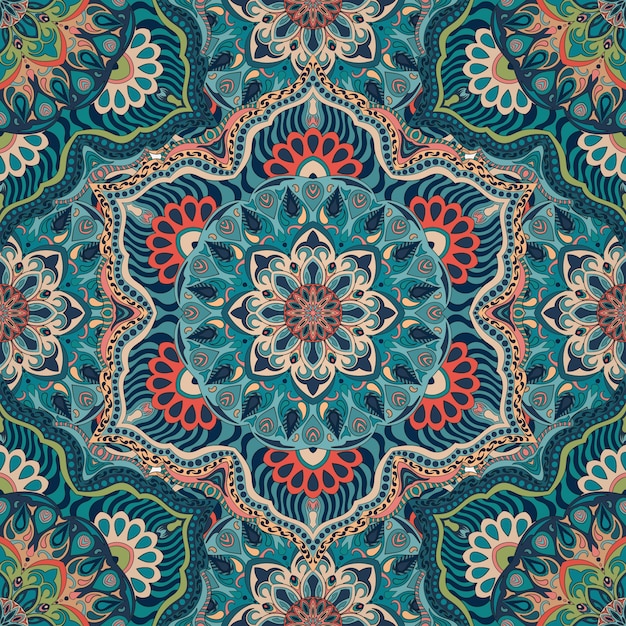 Textura transparente floral adornada, patrón interminable con elementos vintage mandala.