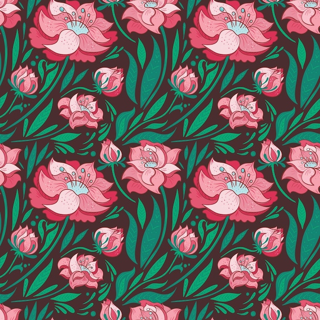 Textura transparente con flores rojas sobre fondo marrón para papel tapiz y diseño textil