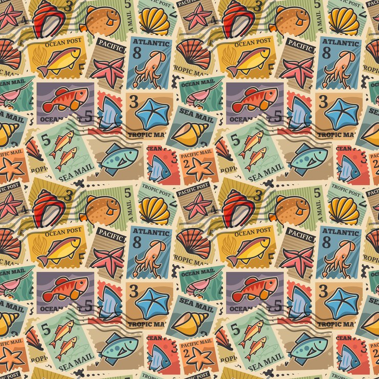 Textura transparente con la imagen de los sellos postales con habitantes marinos. papel balsa, embalaje, papel tapiz, fabricación de telas de diseño exclusivas