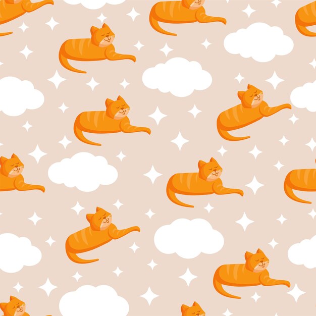 Textura transparente con nubes de gato de jengibre y estrellas para la ilustración de vector de tela textil