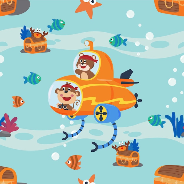 Textura transparente con un pequeño mono y un oso conduciendo un submarino