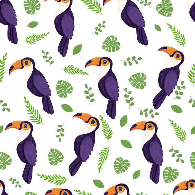 Textura transparente con tucán de aves tropicales y hojas Ilustración de vector de patrón