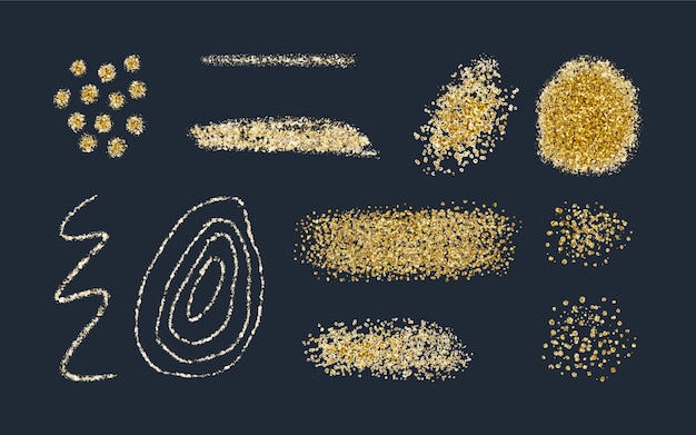 Textura de trazo de pincel de brillo dorado. rayas, círculos, garrapatas. Ilustración vectorial