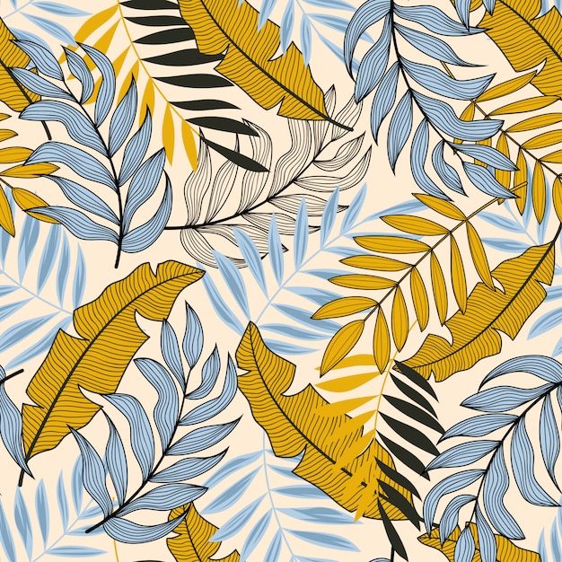 Textura de vector transparente Patrón tropical con coloridas plantas y hojas