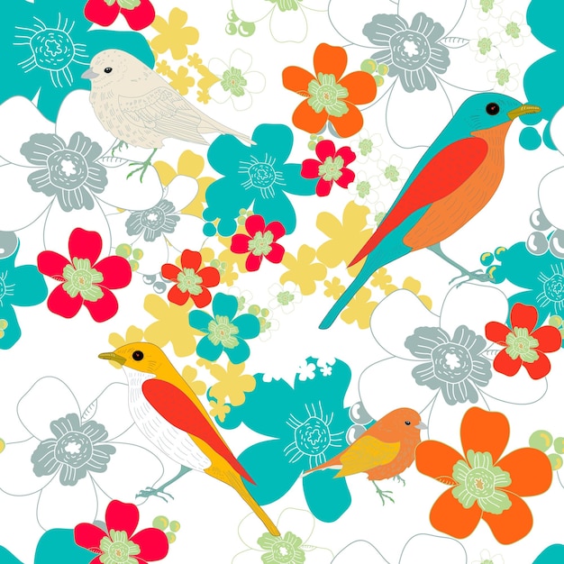 Textura vectorial sin costuras con pájaros y flores