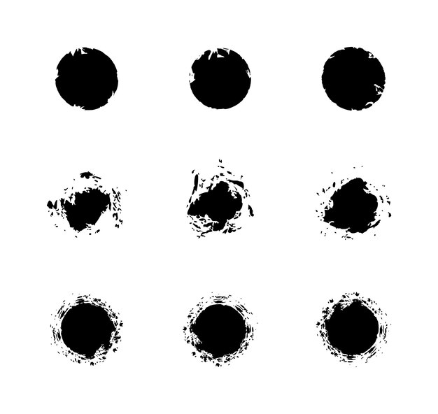 Las texturas del círculo de tinta negra grunge establecen formas redondas angustiadas con salpicaduras y efectos de ruido