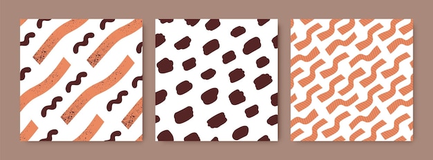 Texturas sin costuras con patrones abstractos. Modernos diseños de fondo interminables con impresiones creativas simples y repetitivas con elementos de garabatos y pinceladas. Ilustraciones de vectores planos coloreados para textiles.