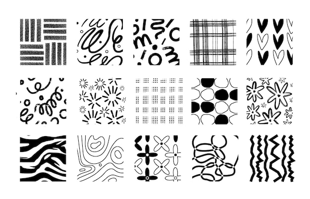 Vector texturas de garabateo negro patrones dibujados a mano formas contemporáneas abstractas estrías y espirales de estilo garabateado curvas divertidas fondos decorativos monocromáticos decoración textil conjunto vectorial elegante