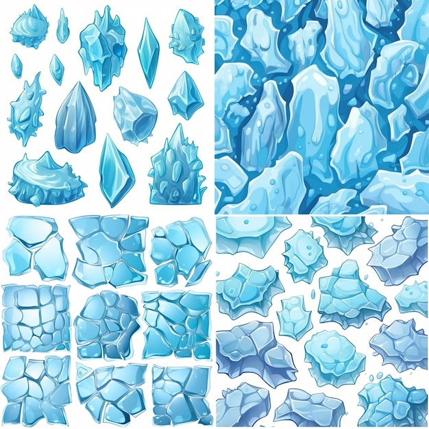 Texturas de hielo vectoriales de dibujos animados sobre fondo blanco