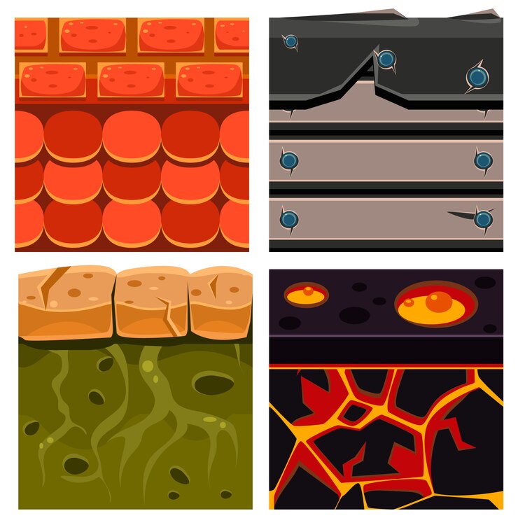 Vector texturas para juegos de plataformas con tablas, escamas y ladrillos