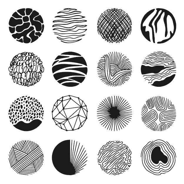 Texturas redondas de grunge abstractas gotas dibujadas a mano líneas y espirales círculo impresiones de arte gráfico decorativo garabateado negro moderno neotérico colección vectorial de ilustraciones de grunge de círculo de textura