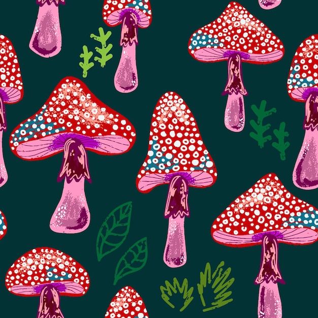 Texturas setas volar agarics setas patrón orgánico estilo de dibujos animados elementos dibujados a mano patrón de superposición sin costuras vectorial