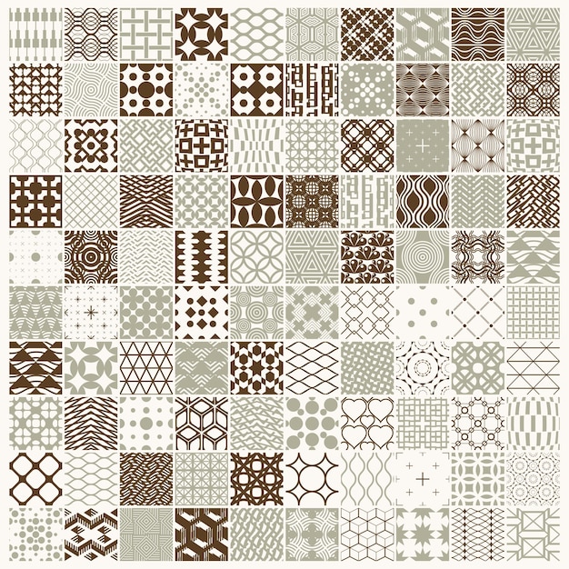 Texturas vintage gráficas vectoriales creadas con cuadrados, rombos y otras formas geométricas. Colección de 100 patrones sin costuras mejores para su uso en el diseño de textiles.