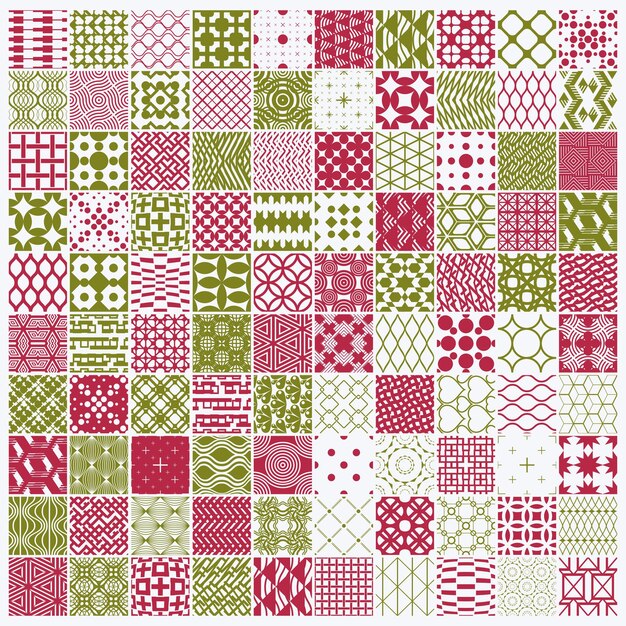 Texturas vintage gráficas vectoriales creadas con cuadrados, rombos y otras formas geométricas. La colección de 100 patrones rojos y verdes sin fisuras es la mejor para usar en el diseño textil.