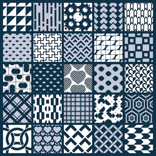 Texturas vintage gráficas vectoriales creadas con cuadrados, rombos y otras formas geométricas. Colección de patrones monocromáticos sin fisuras mejor para su uso en el diseño de textiles.
