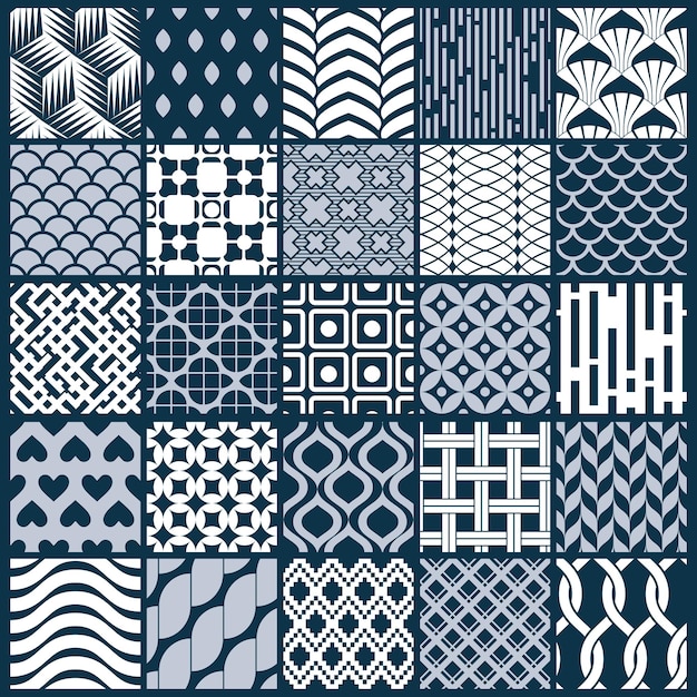 Texturas vintage gráficas vectoriales creadas con cuadrados, rombos y otras formas geométricas. Colección de patrones monocromáticos sin fisuras mejor para su uso en el diseño de textiles.