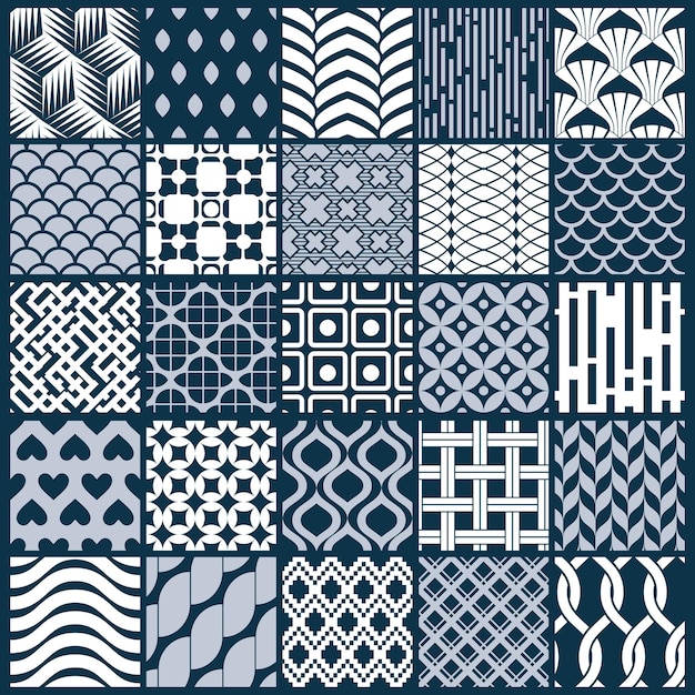 Texturas vintage gráficas vectoriales creadas con cuadrados, rombos y otras formas geométricas. colección de patrones monocromáticos sin fisuras mejor para su uso en el diseño de textiles.