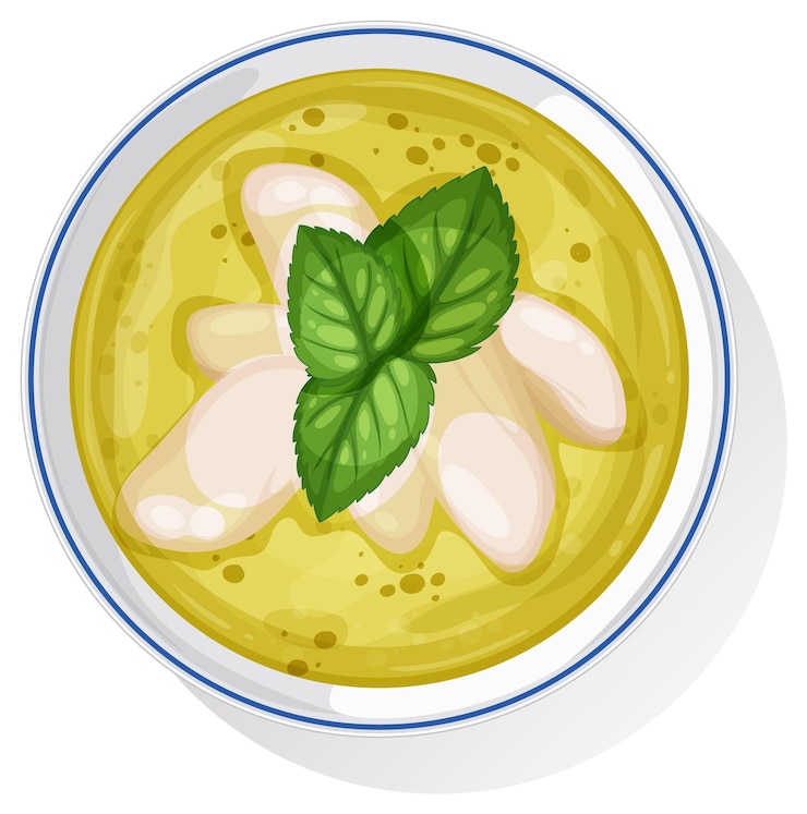 Vector thai green curry with basil leaves illustration