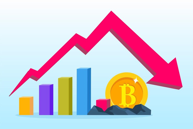 Vector the fallen in price bitcoin flying down on red arrow ilustración de bitcoin en bancarrota vector plano