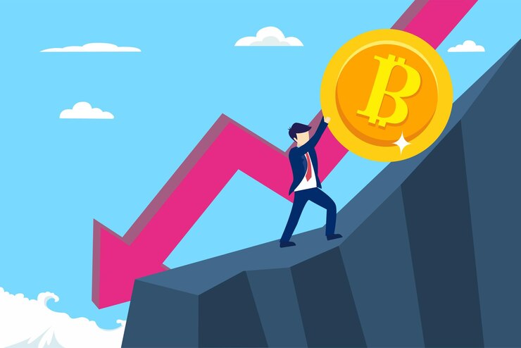 Vector the fallen in price bitcoin flying down on red arrow ilustración de bitcoin en bancarrota vector plano