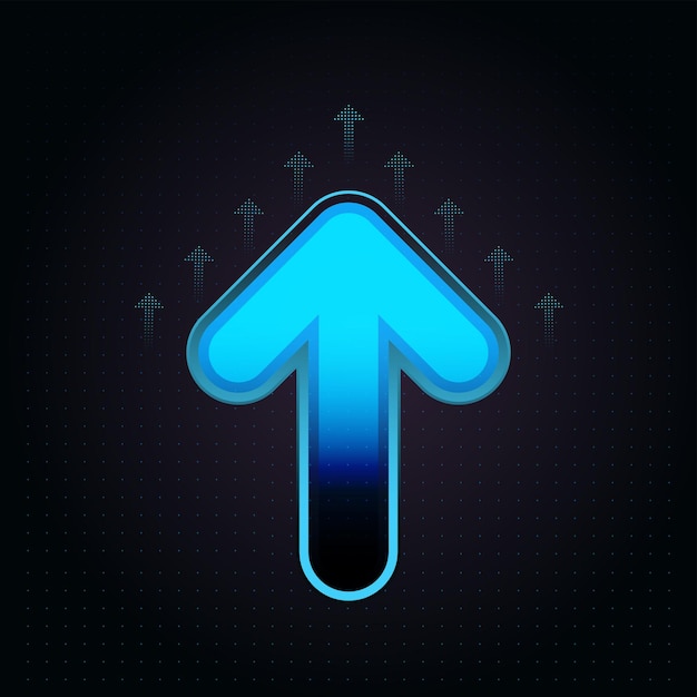 The up trend blue arrow dominates the center of a dark background and upward motion