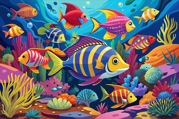 Vector the vibrant hues of a school of tropical fish swimming by