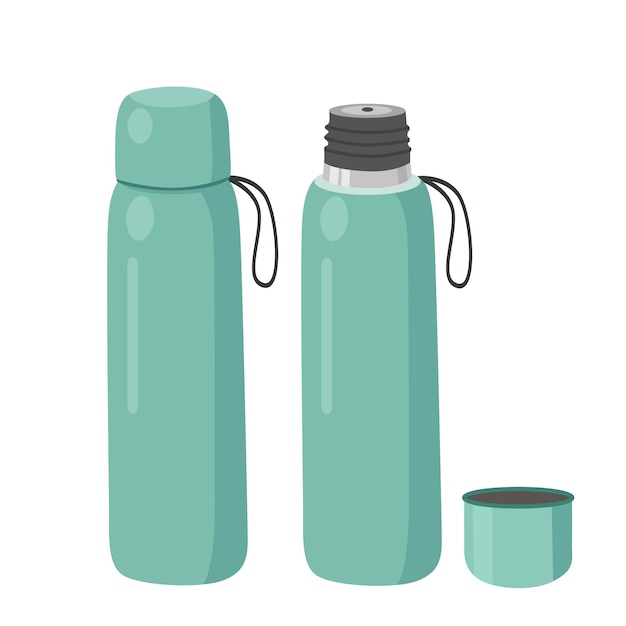 Thermos or Insulated bottle vector set with close and open cap Thermal bottle clipart set