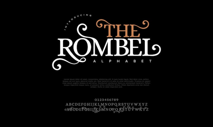 Vector therombel lujo premium letras y números del alfabeto elegante tipografía de bodas clásico