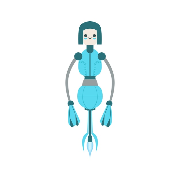 Thin Blue Floating Mid Air Friendly Android Robot Carácter Vector Ilustración de dibujos animados