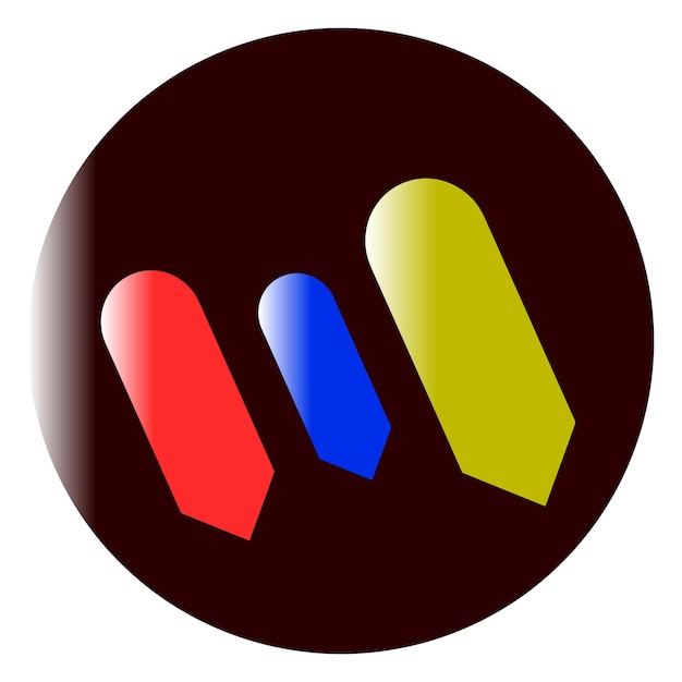 Three colored shapes red blue yellow in a dark brown circle with a white background design element