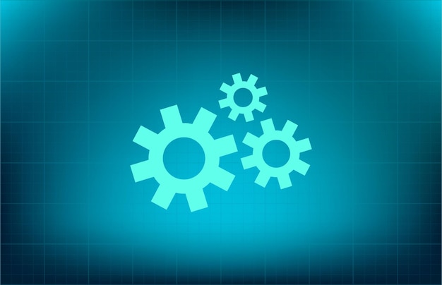 Three glowing gear symbols representing settings or mechanics on a blue grid background