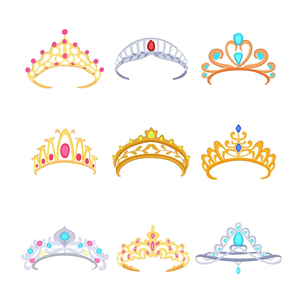 Tiara conjunto dibujos animados reina joyería rey niña moda logo tiara signo símbolo aislado vector ilustración