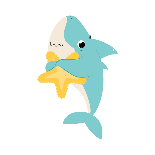 El tiburón azul cómico como animal marino abrazando la estrella de mar amarilla ilustración vectorial