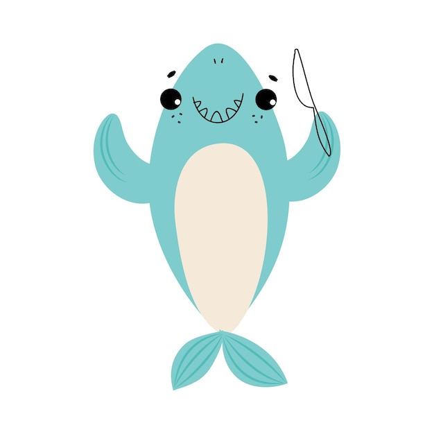 Tiburón azul cómico como animal marino con un cuchillo listo para comer ilustración vectorial