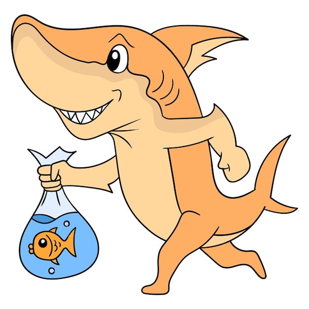 Tiburón caminando con una cara feliz con peces de colores ornamentales en una bolsa de plástico, arte de ilustración vectorial. imagen de icono de doodle kawaii.