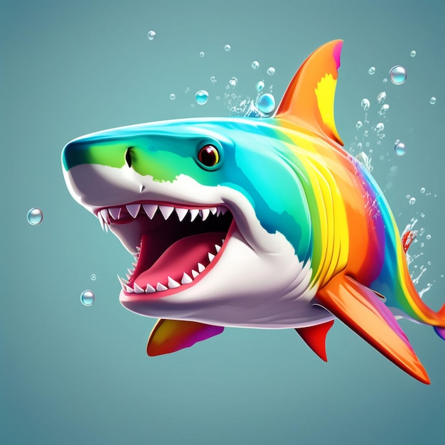 Tiburón de color arco iris de dibujos animados en el fondo del agua vista lateral