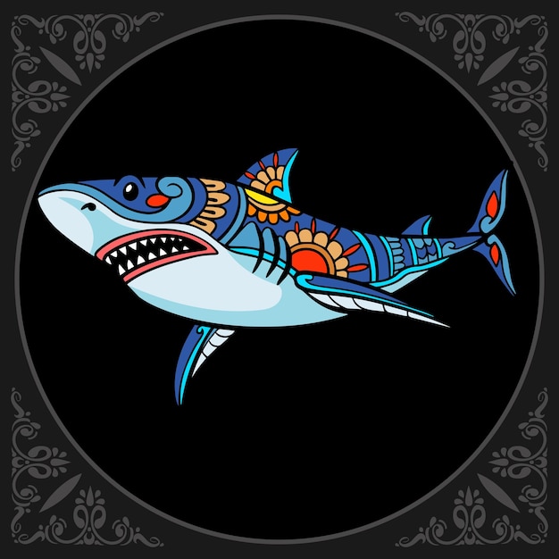 Tiburón colorido zentangle arts aislado sobre fondo negro