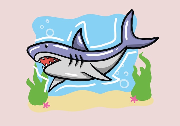Tiburón dibujado a mano aislado en el fondo. Ilustración de vector de animales acuáticos.