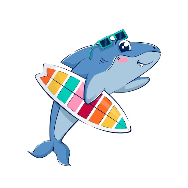 Tiburón divertido de dibujos animados dice hola sosteniendo una tabla de surf