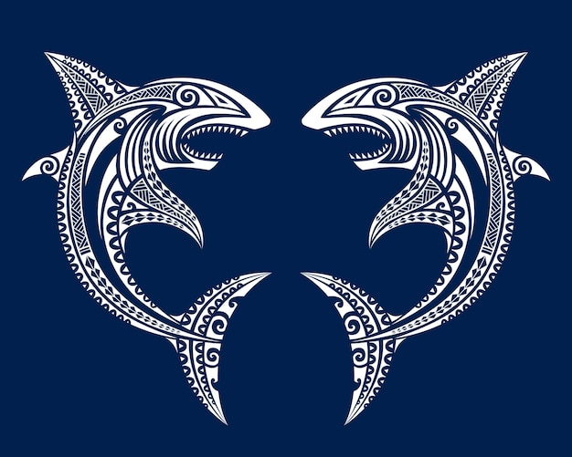 Tiburón ilustración estilo maorí Adorno blanco sobre fondo azul