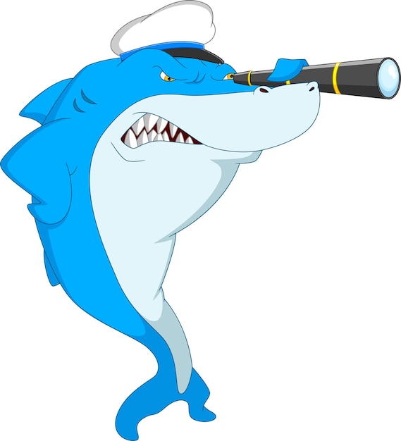 Tiburón lindo de dibujos animados con telescopio