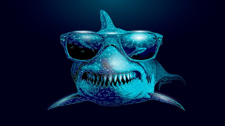 Vector tiburón oceánico en gafas de sol boca abierta con dientes peligrosos con muchos dientes bajo el agua azul mar olas clea