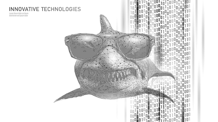 Vector tiburón oceánico en gafas de sol boca abierta con dientes peligrosos con muchos dientes bajo el agua azul mar olas clea